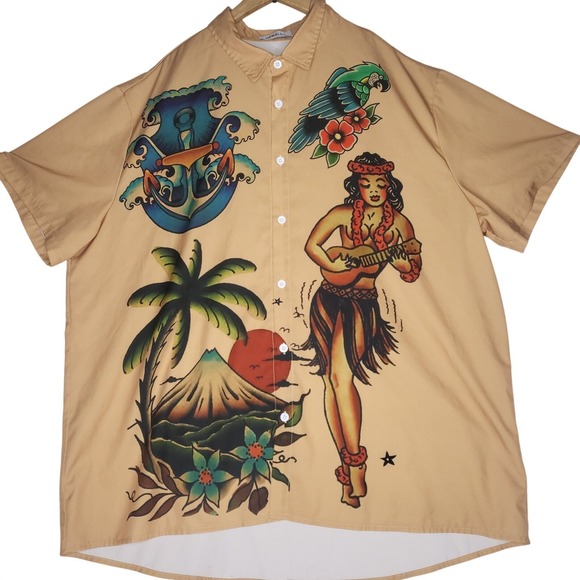 Hawalili Other - Hawalili Mens 2XL Tan Tattoo Print Hula Girl Short Sleeve Button Up Shirt